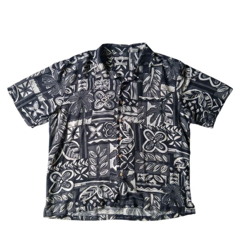 Batik Bay Black Off White Abstract Floral Print Silk Hawaiian Shirt Men's XL